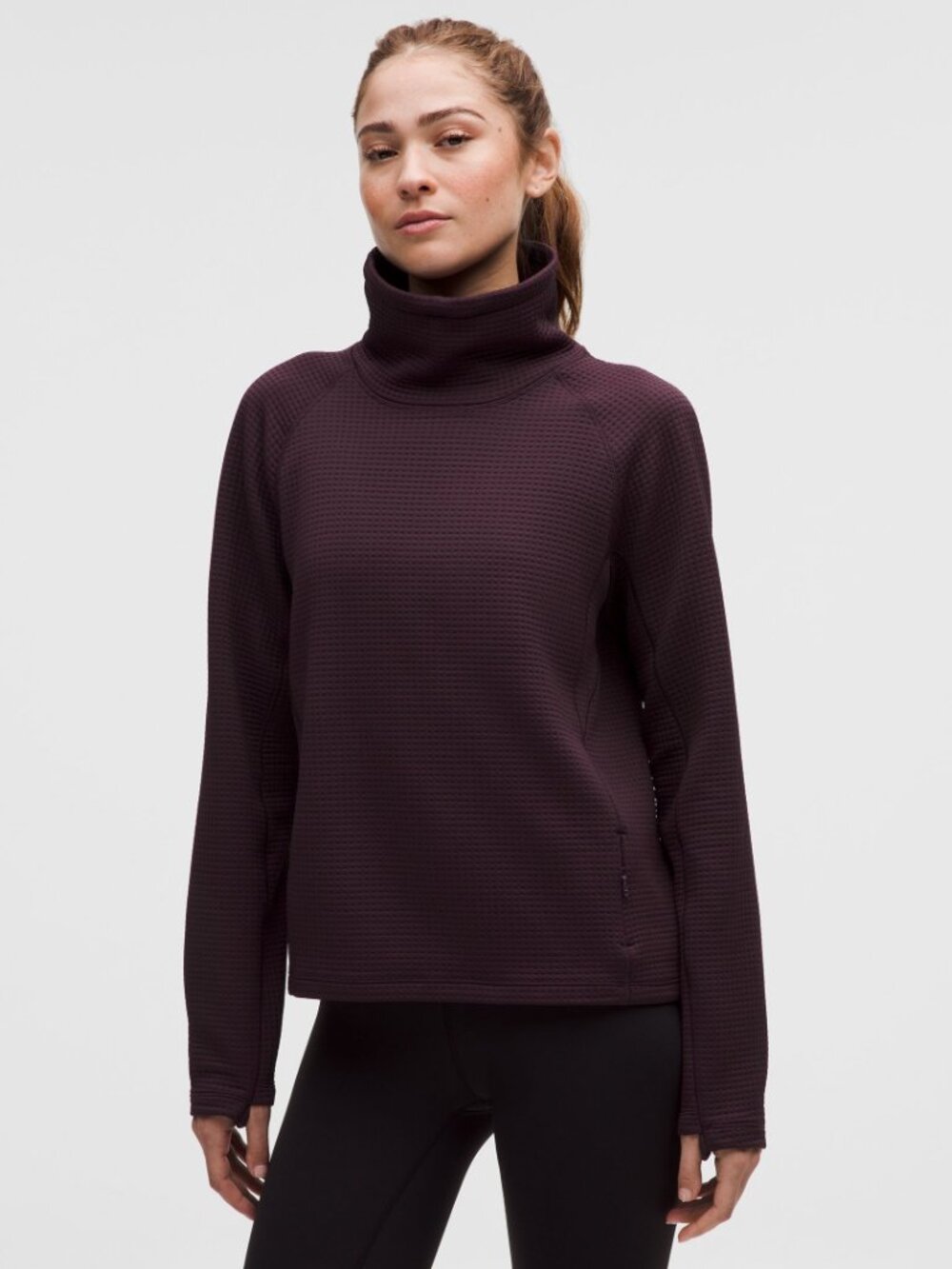 Lululemon Waffle-Knit Funnel-Neck Long-Sleeve Shirt, Black Plum, size 10